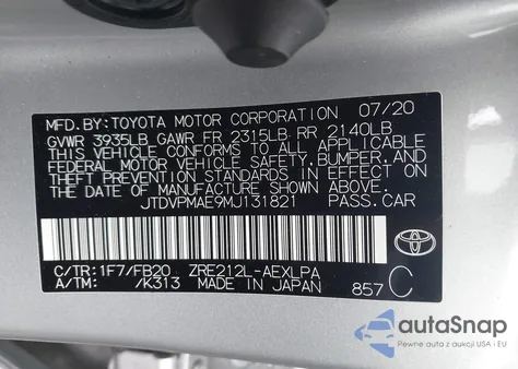 2021 Toyota Corolla Le из США, поврежденный, VIN JTDVPMAE9MJ131821